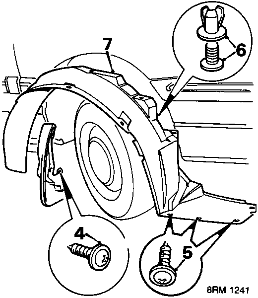 Diagram showing the front wheel arch area with callout numbers 4, 5, 6, and 7