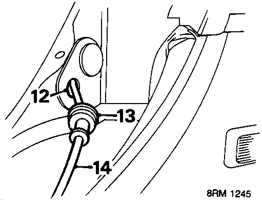 Diagram showing release cable grommet and bonnet release cable routing with callout numbers 12, 13, and 14