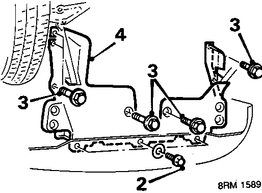 Diagram showing underbelly panel attachment points with callout numbers 2, 3, and 4