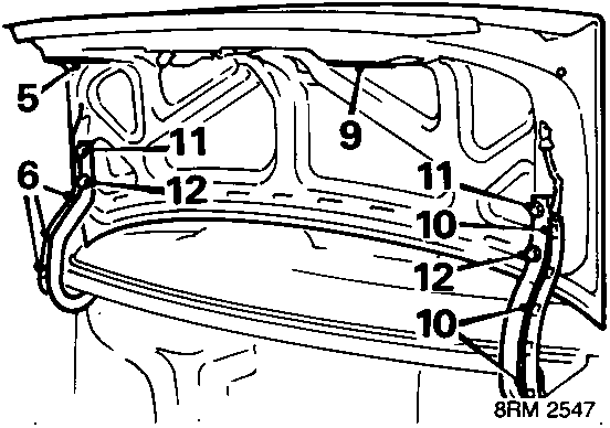 Diagram showing the internal structure of the luggage compartment lid with callout numbers 5 through 12 indicating access covers, clips, harness, and hinges.