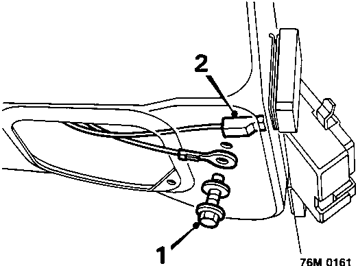 Diagram showing removal of earthing screw adjacent to latch and disconnecting Lucar connector, with callout numbers 1 and 2