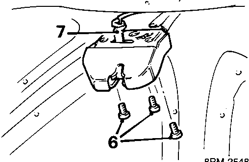 Diagram showing removal of bolts securing latch to luggage compartment lid, with callout numbers 6 and 7