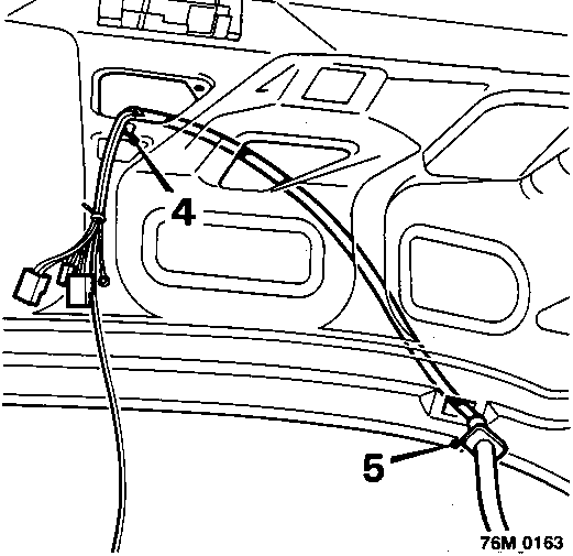 Diagram showing releasing wiring clip and tie draw string to end of lid harness, with callout numbers 4 and 5