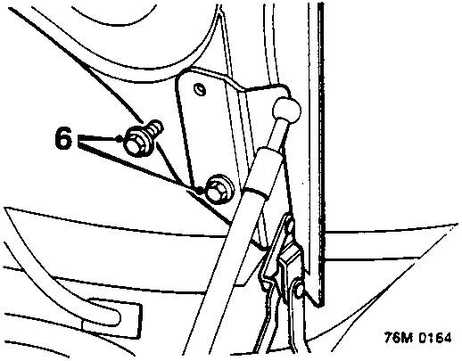 Diagram showing hinge bolts and linkage on the luggage compartment lid, marked with callout number 6.