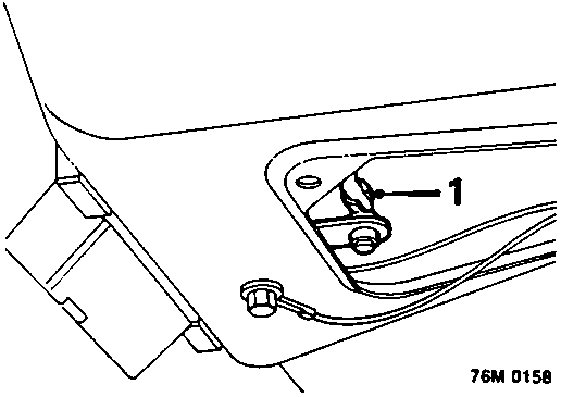 Diagram showing a plastic clip securing an actuator rod to the latch mechanism, marked with callout number 1.