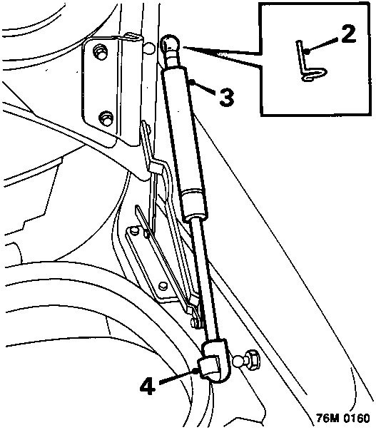 Diagram showing luggage compartment strut with callout numbers 2, 3, and 4