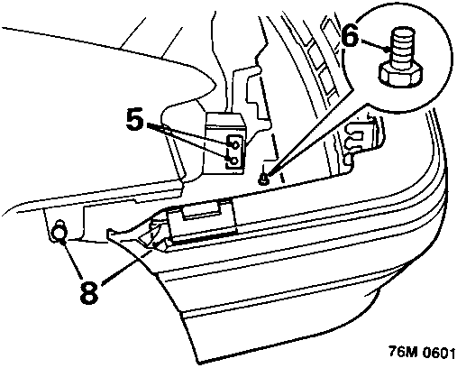 Diagram showing the underside of the front bumper with bolts indicated by callout numbers 5, 6, and 8 securing it to brackets and the underbelly panel.