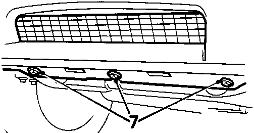 Diagram showing the lower edge of the front bumper with bolts indicated by callout number 7 securing it to the cross member.
