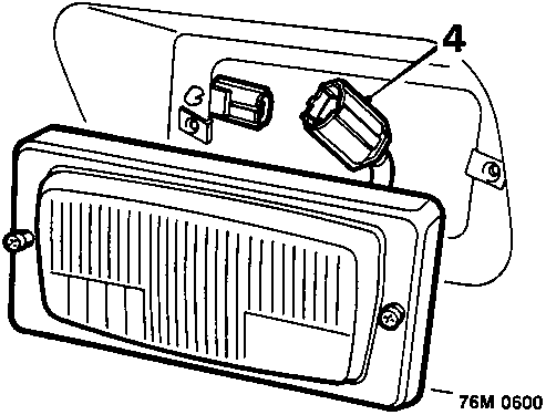 Diagram showing a front fog lamp assembly with its wiring multiplug connector indicated by callout number 4.