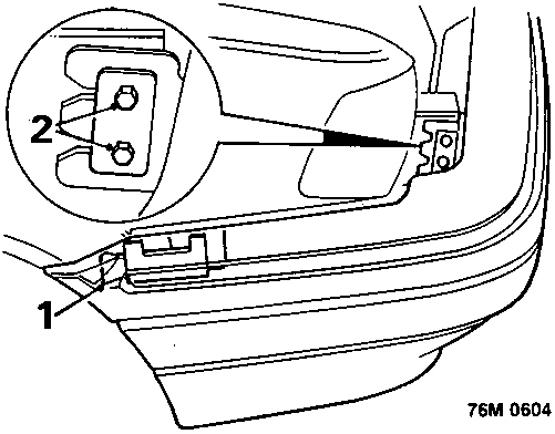 Diagram showing corner slides (1) and crossmember bolts (2) on the rear bumper