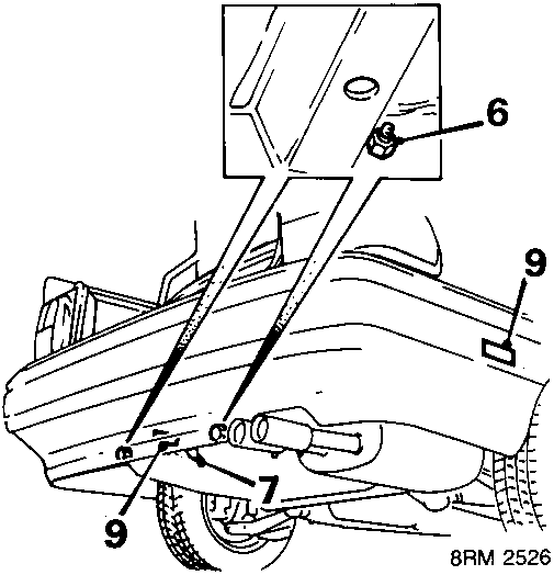 Diagram showing rear bumper attachment points with callout numbers 6, 7, and 9