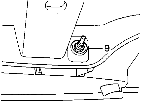 Detail showing nut (9) securing bumper to mounting bracket from underneath vehicle