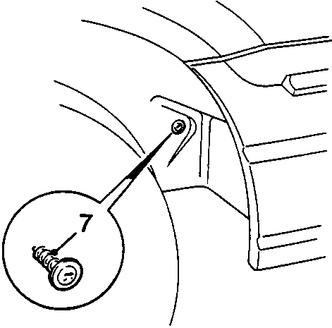 Detail showing screw (7) securing wheel arch liner to bumper end