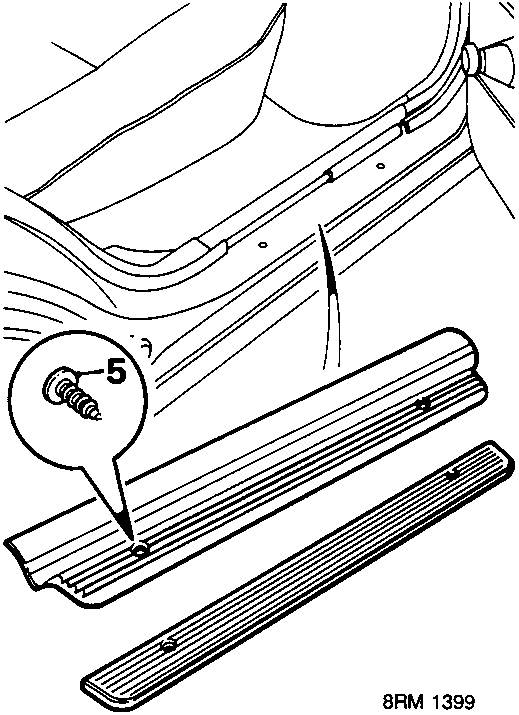 Diagram showing the rear door sill finisher and carpet retainer on the driver's side, with a callout highlighting screw number 5.