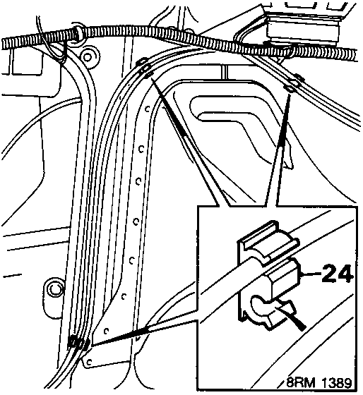 Diagram showing a cable being released from clips in the luggage compartment, with callout number 24.