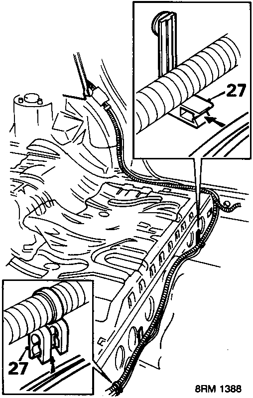 Diagram showing a cable being released from heelboard clips, with callout number 27.