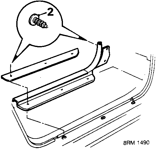 Diagram showing the removal of a screw (labeled 2) from the front door sill finisher and carpet retainer area