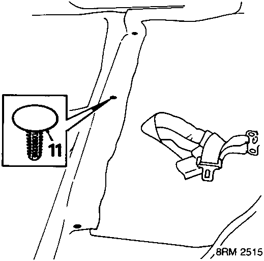 Diagram showing the rear section of floor carpet with studs labeled 11 securing it, and a seat belt buckle visible.