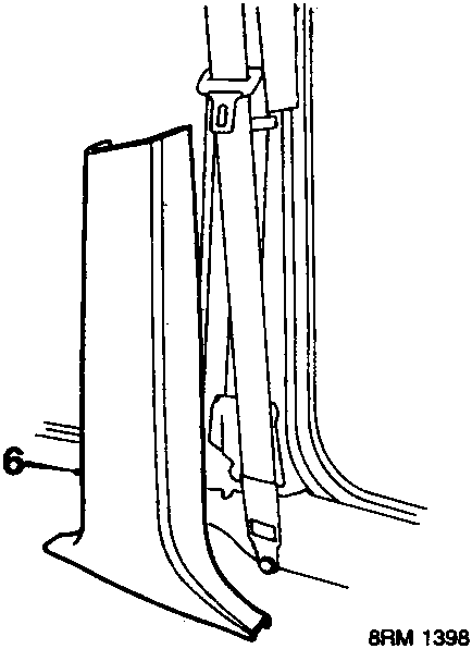 Diagram showing the B/C post lower trim finisher being removed, with a label 6 pointing to the trim.