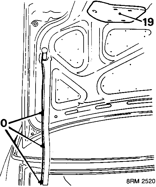 Diagram showing access cover and cable clips on luggage compartment lid with callouts 19 and 20