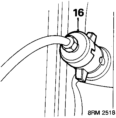 Diagram showing fuel filler cable release from housing with callout 16