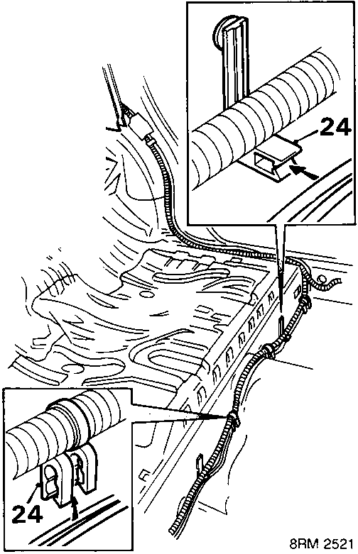 Diagram showing release of cable from heelboard clips and carpet removal from drivers door sill