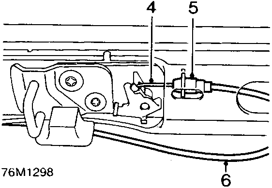 Diagram showing taildoor release cable connection at latch release lever and abutment bracket, labeled 76M1298