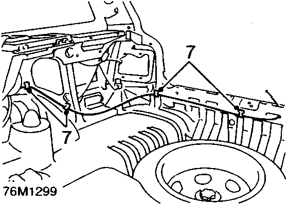 Diagram showing release of taildoor release cable from clips in luggage compartment, labeled 76M1299