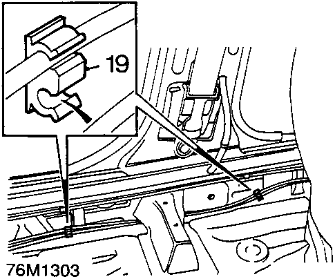 Diagram showing rear door sill insulation and release cable retaining clip with callout number 19