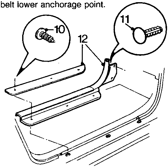 Diagram showing screws, trim fasteners, door sill finisher and carpet retainer with callout numbers 10, 11 and 12
