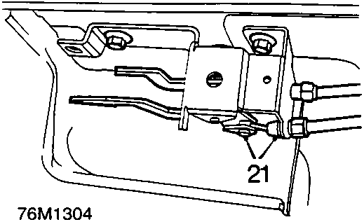 Diagram showing outer cable abutment bracket and inner cable connection to taildoor lever with callout number 21