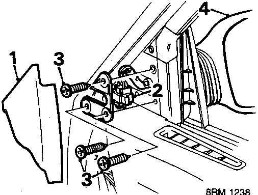 Diagram showing the removal of the door mirror, with callout numbers 1, 2, 3, and 4 identifying the cheater panel, electric multiplug, screws, and the mirror itself respectively.