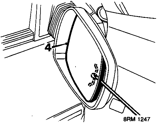 Diagram showing a tool disconnecting the retaining spring (callout 4) at the rear of the electric mirror glass.