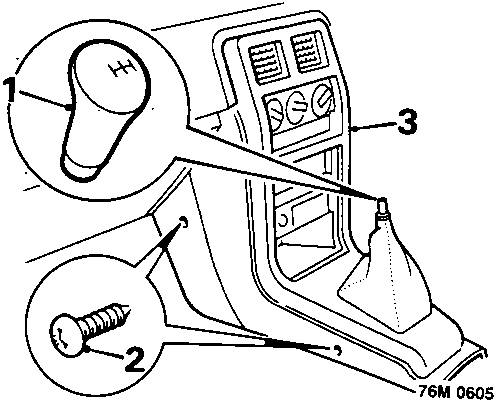 Diagram of front console showing gear lever knob (1), retaining screw (2), and fascia (3).