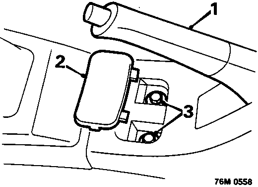 Diagram showing the high console area with callout numbers 1, 2, and 3 indicating the handbrake lever, access cover, and front securing screws respectively.