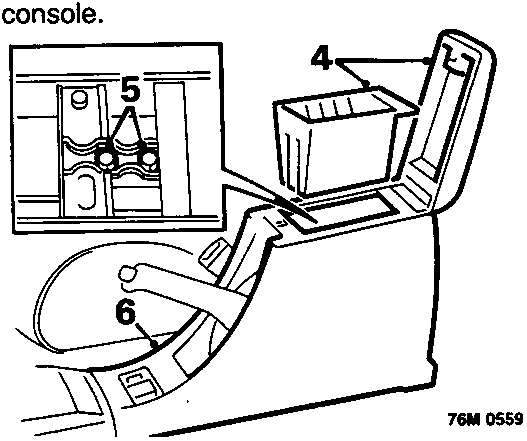 Diagram showing the interior of the high console with the lid raised, callout number 4 pointing to the cassette holder, 5 to rear securing screws, and 6 to the rear bracket connection point.