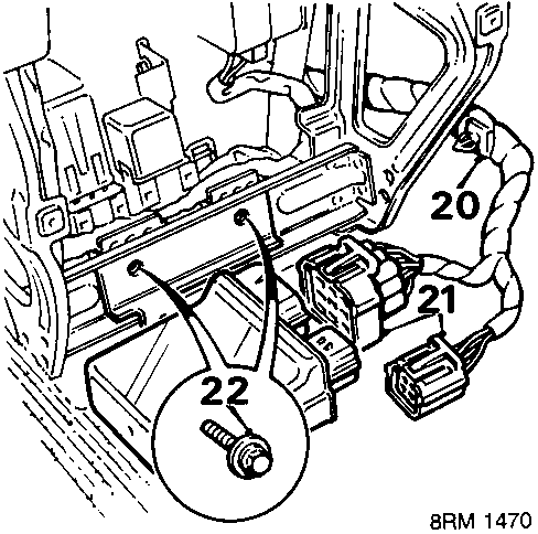 Diagram showing release of harness stud, disconnecting multiplug from main relay, and removing bolts from fascia to tunnel mounting bracket