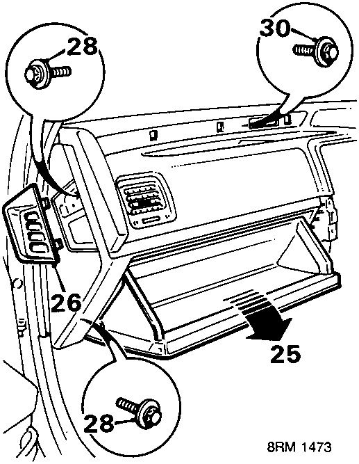 Diagram showing opening glovebox, removing door demister ducts, removing bolts from fascia R.H. and L.H., closing glovebox, and removing bolt at fascia centre