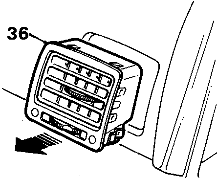 Diagram showing release of clips on driver's face level vent, identified as part 36. Reference 8RM 1476.