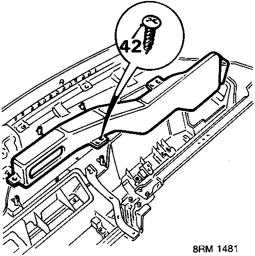 Diagram showing location of screw 42 on the passenger's door demister duct