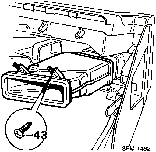 Diagram showing location of screw 43 on the passenger's face level duct