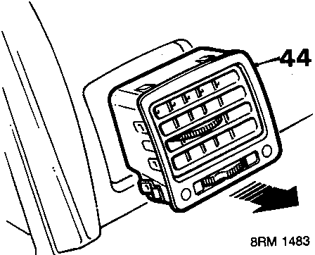 Diagram showing release of clips to remove passenger's face level vent 44