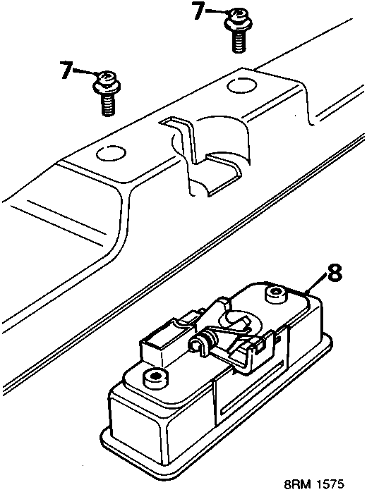 Diagram showing the top edge of the glovebox with two screws labeled 7 and a separate lock mechanism labeled 8.