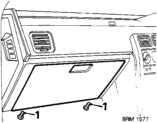 Diagram showing the glovebox with two screws labeled 1 securing it to the support rail.
