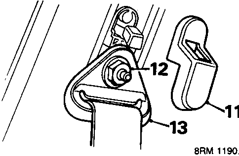 Diagram showing seat belt B post anchorage with callout numbers 11, 12, and 13