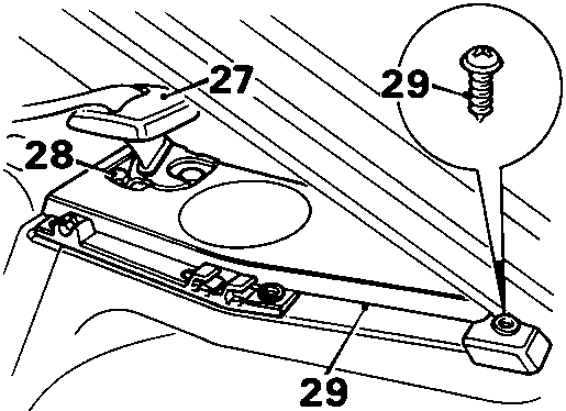 Diagram showing release of rear seat belt escutcheon, removal of bolts securing rear seat belt guide, and removal of screws securing rear speaker finisher, with callouts 27, 28, and 29.