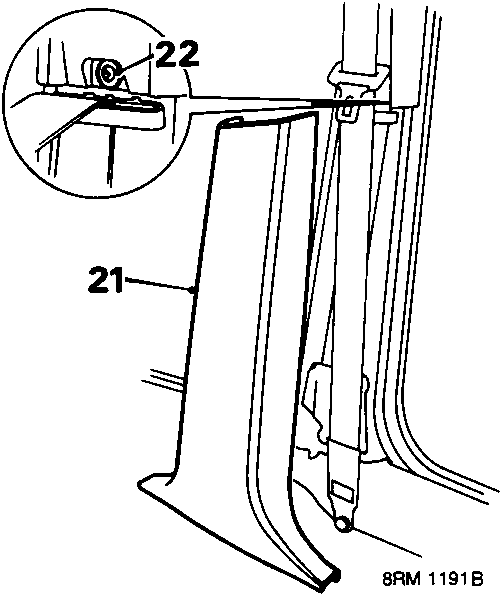 Diagram showing release of lower finisher from 'B/C' post and removal of screw fastener securing top finishers, with callouts 21 and 22.