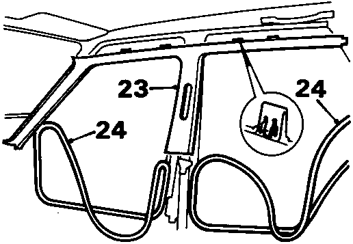 Diagram showing release of door sealing rubber from top of door aperture and removal of 'A' and 'B/C' finishers, with callouts 23 and 24.
