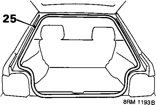 Diagram showing release of taildoor sealing rubber from top and side of aperture, with callout 25.