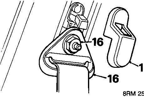 Diagram showing seat belt B post anchorage with callout numbers 15 and 16